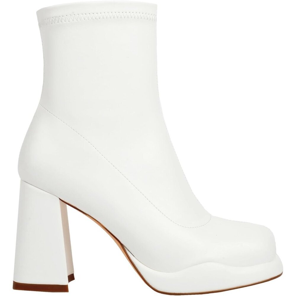 Women's White Chunky Heel Ankle Boots Square Toe Mid Calf Side Zippers Boots - Picture 4 of 9